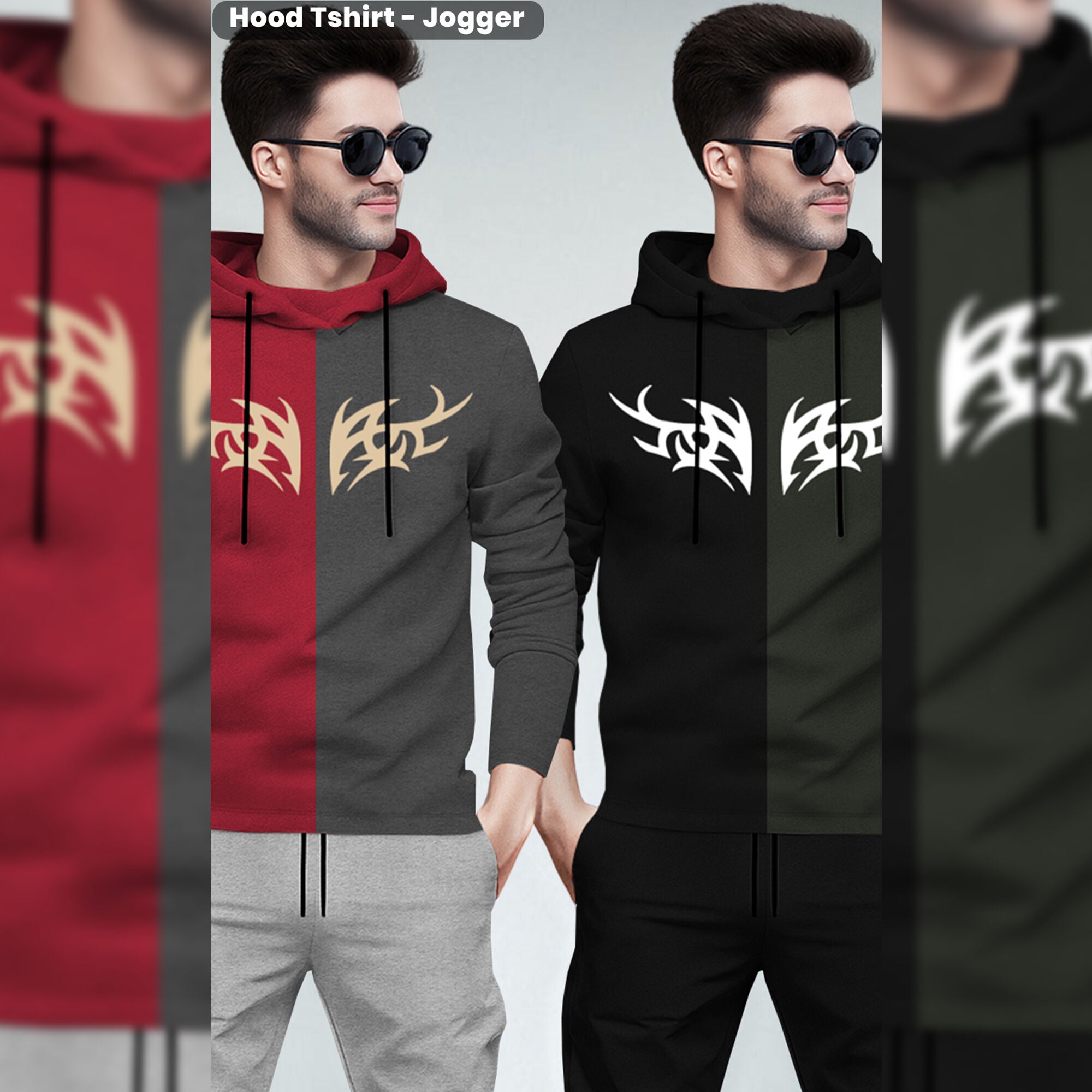 (Pack Of 2) Printed Tracksuit Red & Black Hooded T-shirts - Matching Plain Trackpants