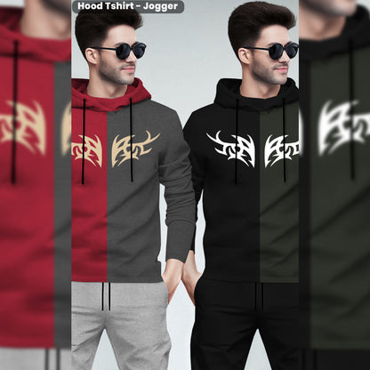 (Pack Of 2) Printed Tracksuit Red & Black Hooded T-shirts - Matching Plain Trackpants
