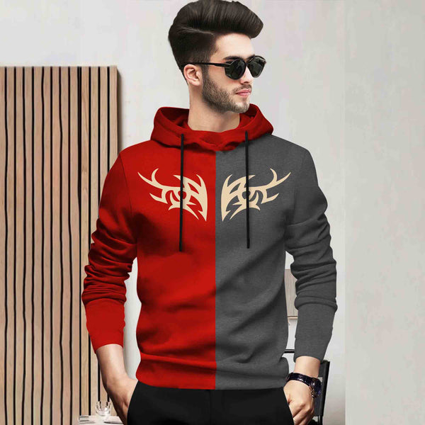 Mens Full Sleeve Hooded Neck Dual Color Printed T-shirt / Red & Darkgrey