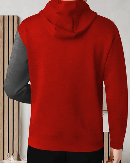 Mens Full Sleeve Hooded Neck Dual Color Printed T-shirt / Red & Darkgrey