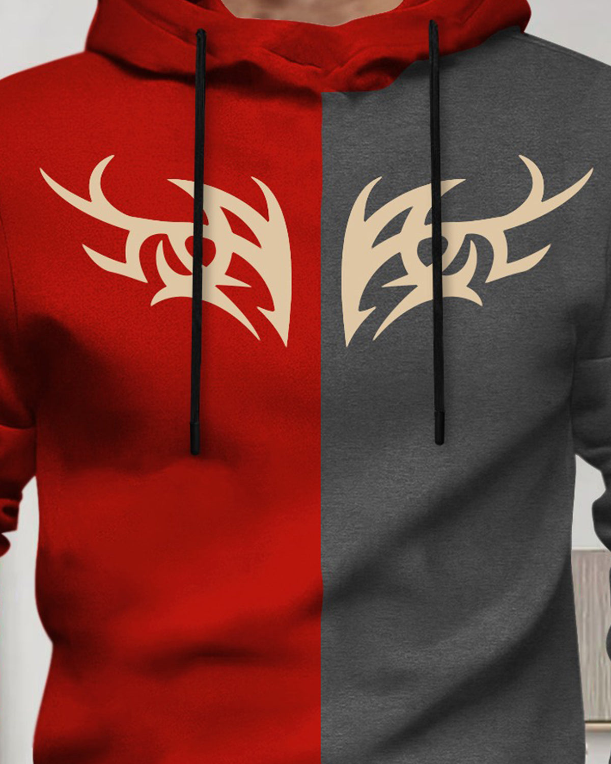 Mens Full Sleeve Hooded Neck Dual Color Printed T-shirt / Red & Darkgrey