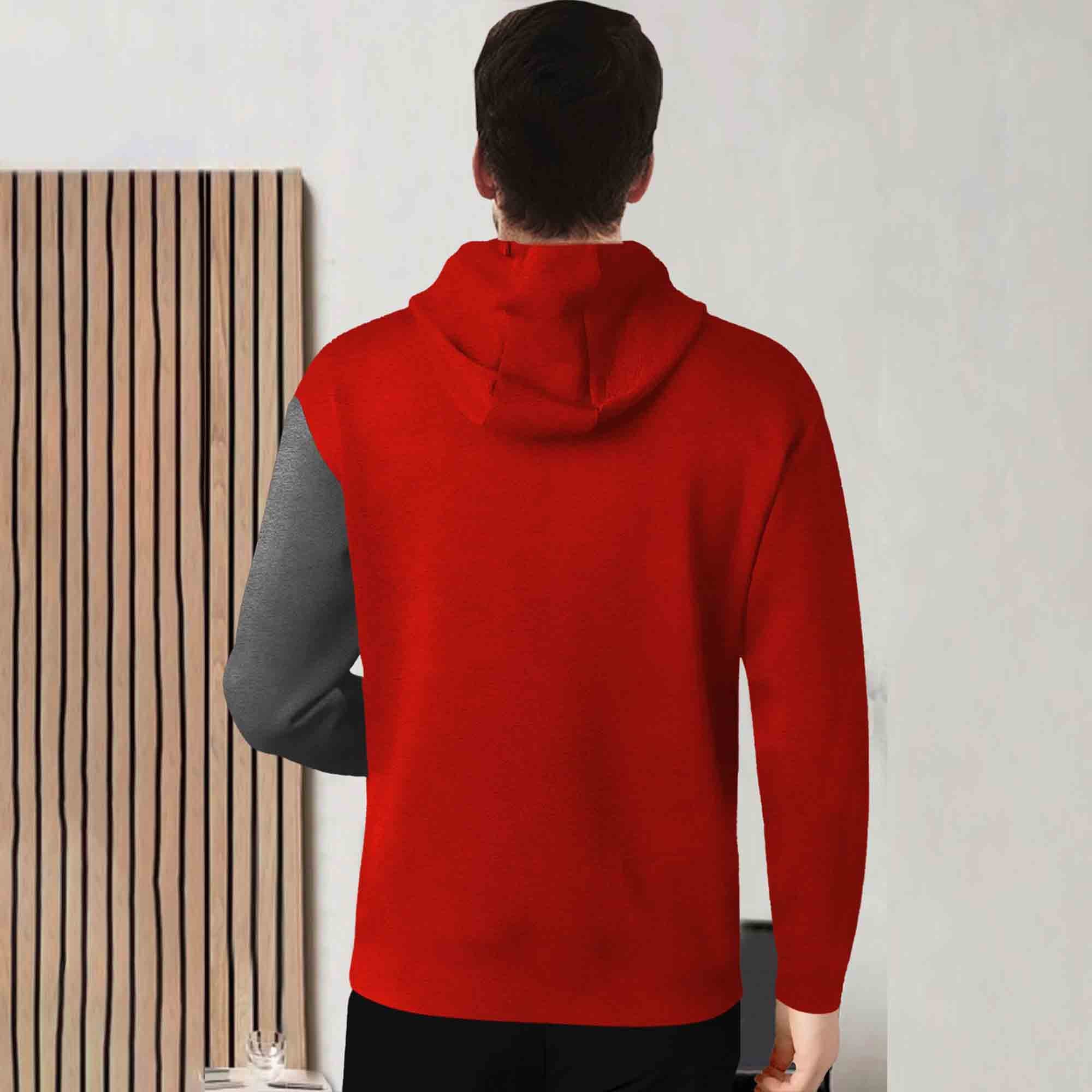 Mens Full Sleeve Hooded Neck Dual Color Printed T-shirt / Red & Darkgrey