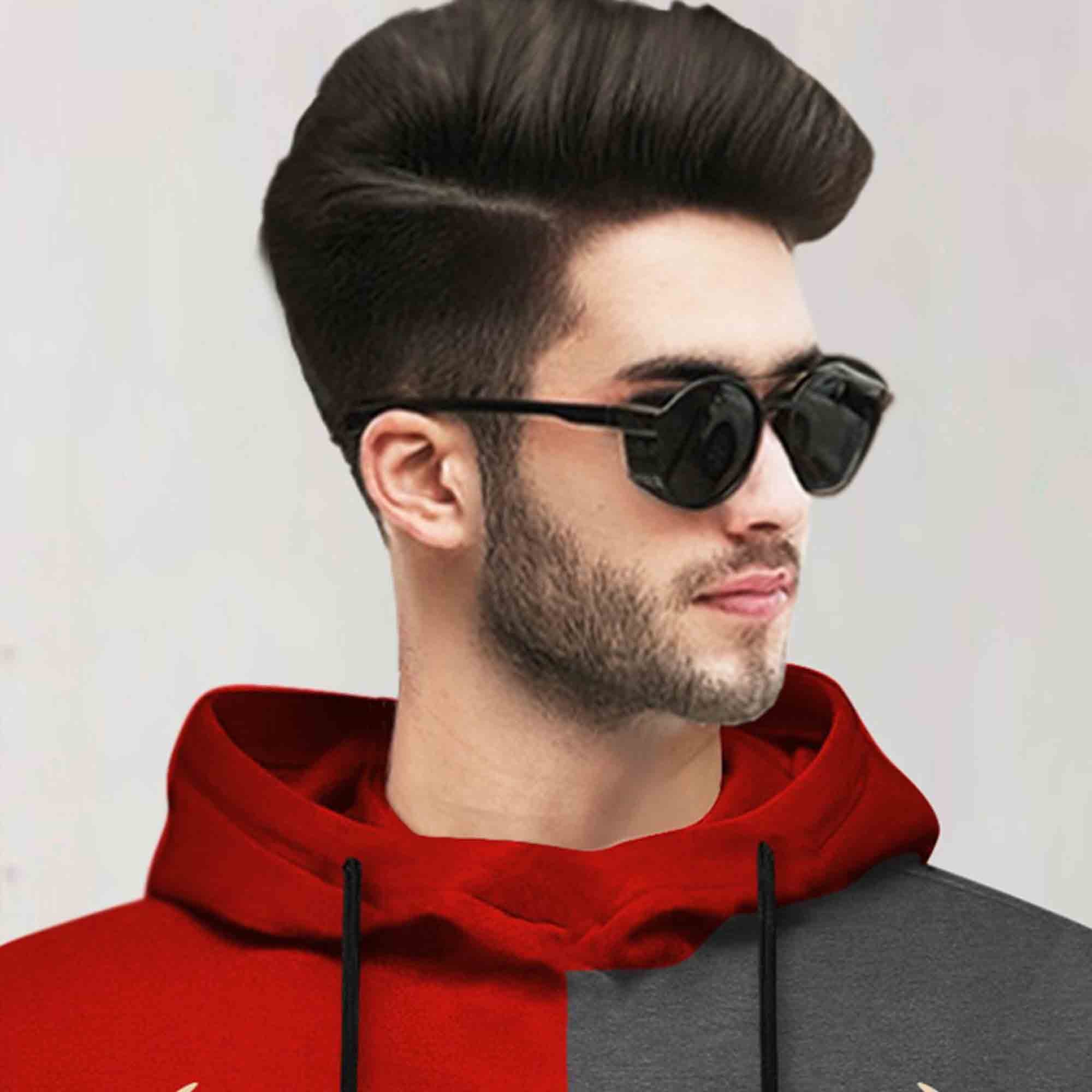Mens Full Sleeve Hooded Neck Dual Color Printed T-shirt / Red & Darkgrey
