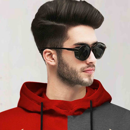 Mens Full Sleeve Hooded Neck Dual Color Printed T-shirt / Red & Darkgrey