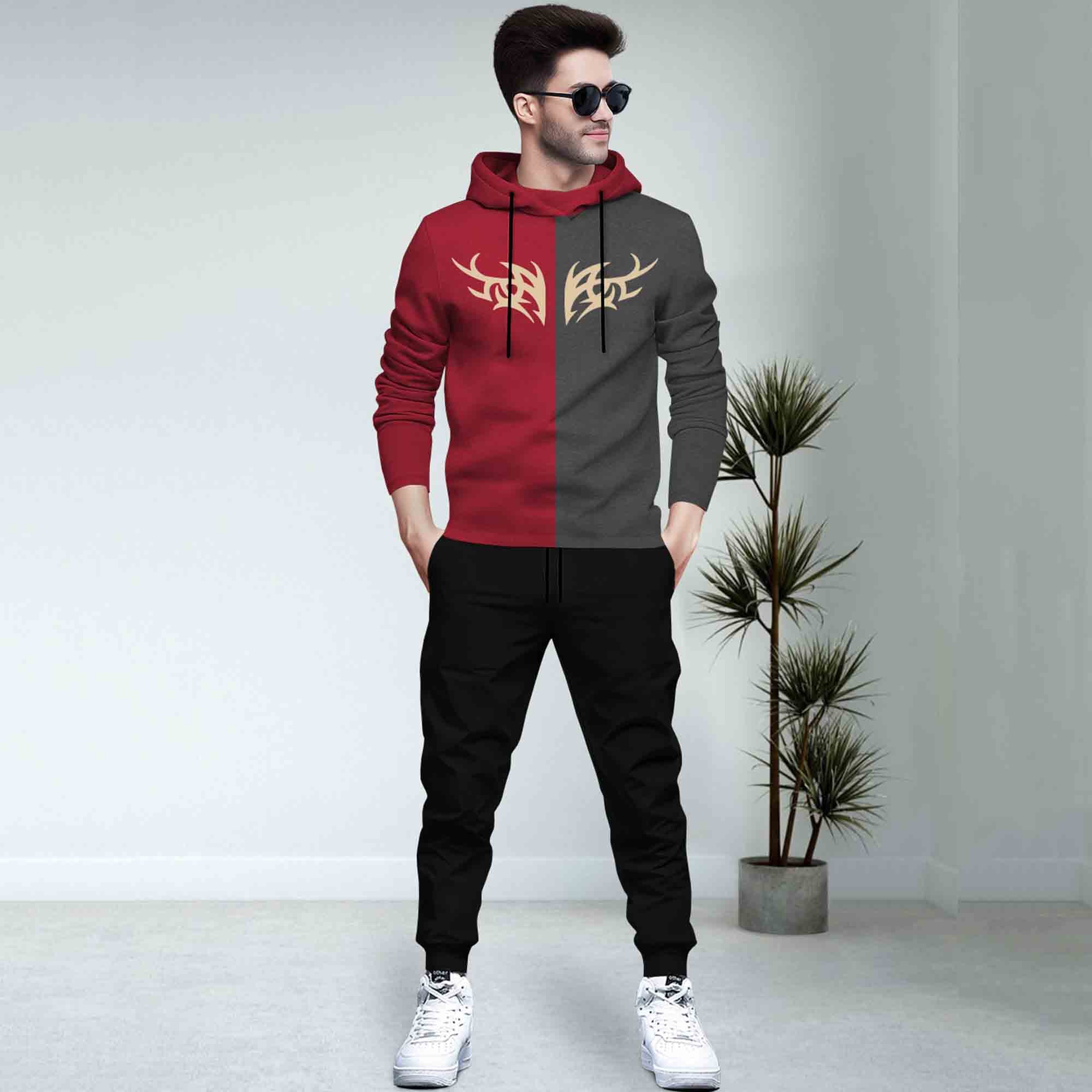 Dual Color Red & Darkgrey T-shirt With Matching TrackPant Hoodie Tracksuit