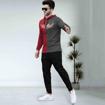 Dual Color Red & Darkgrey T-shirt With Matching TrackPant Hoodie Tracksuit