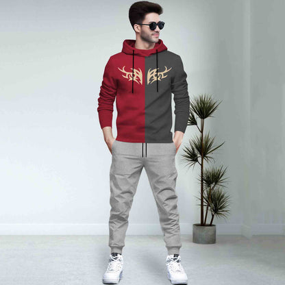 Dual Color Red T-shirt With Matching Grey TrackPant Hoodie Tracksuit