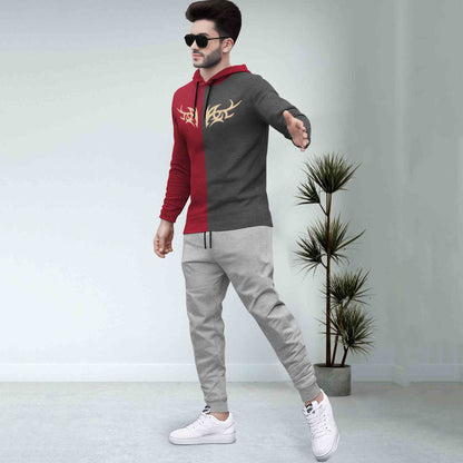 Dual Color Red T-shirt With Matching Grey TrackPant Hoodie Tracksuit