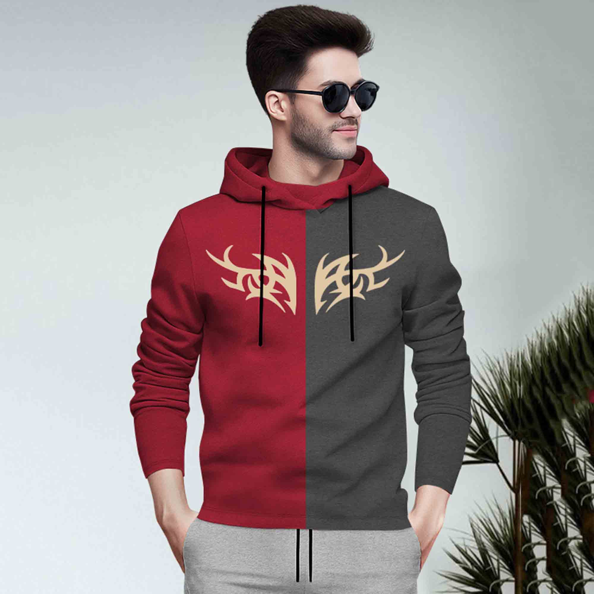 Dual Color Red T-shirt With Matching Grey TrackPant Hoodie Tracksuit