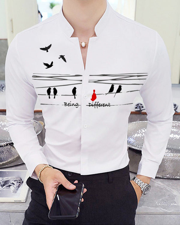 MEN PRINTED WHITE MANDARIN COLLAR FULL HAND SHIRT