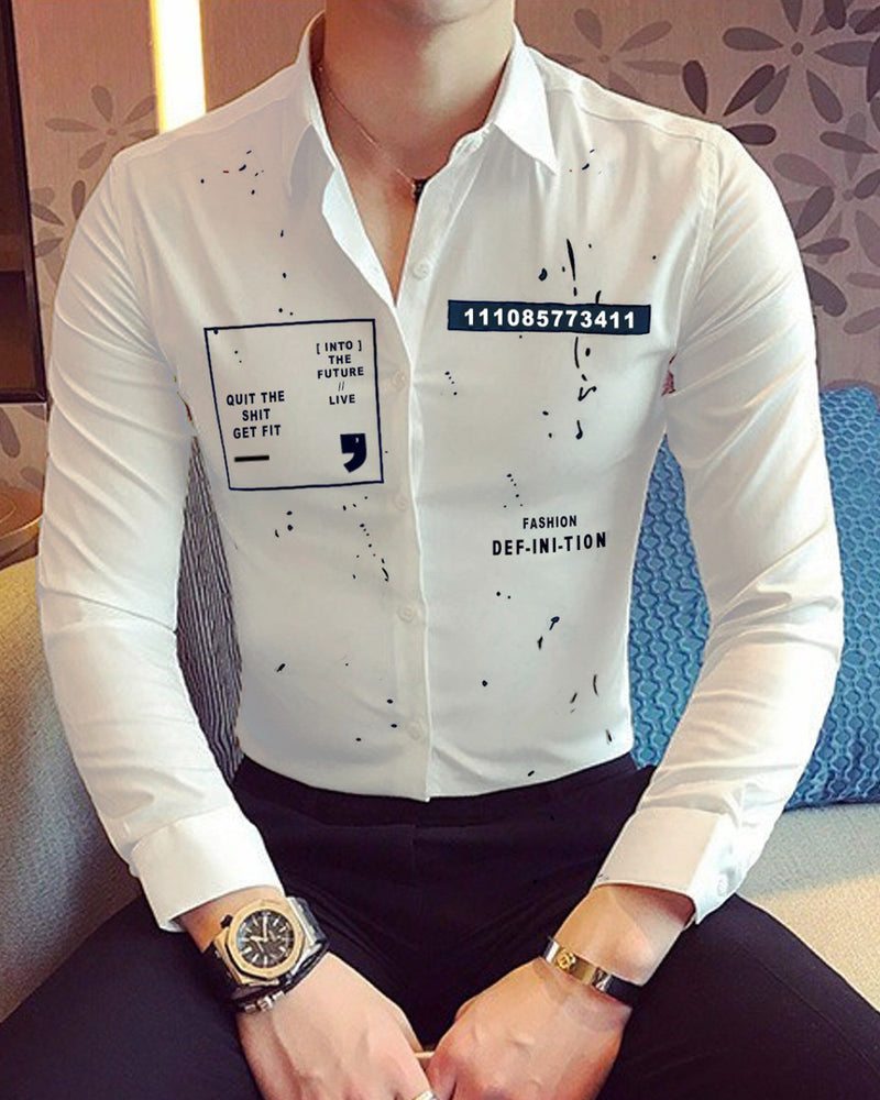 MEN PRINTED MANDARIN COLLAR FULL HAND SHIRT / WHITE