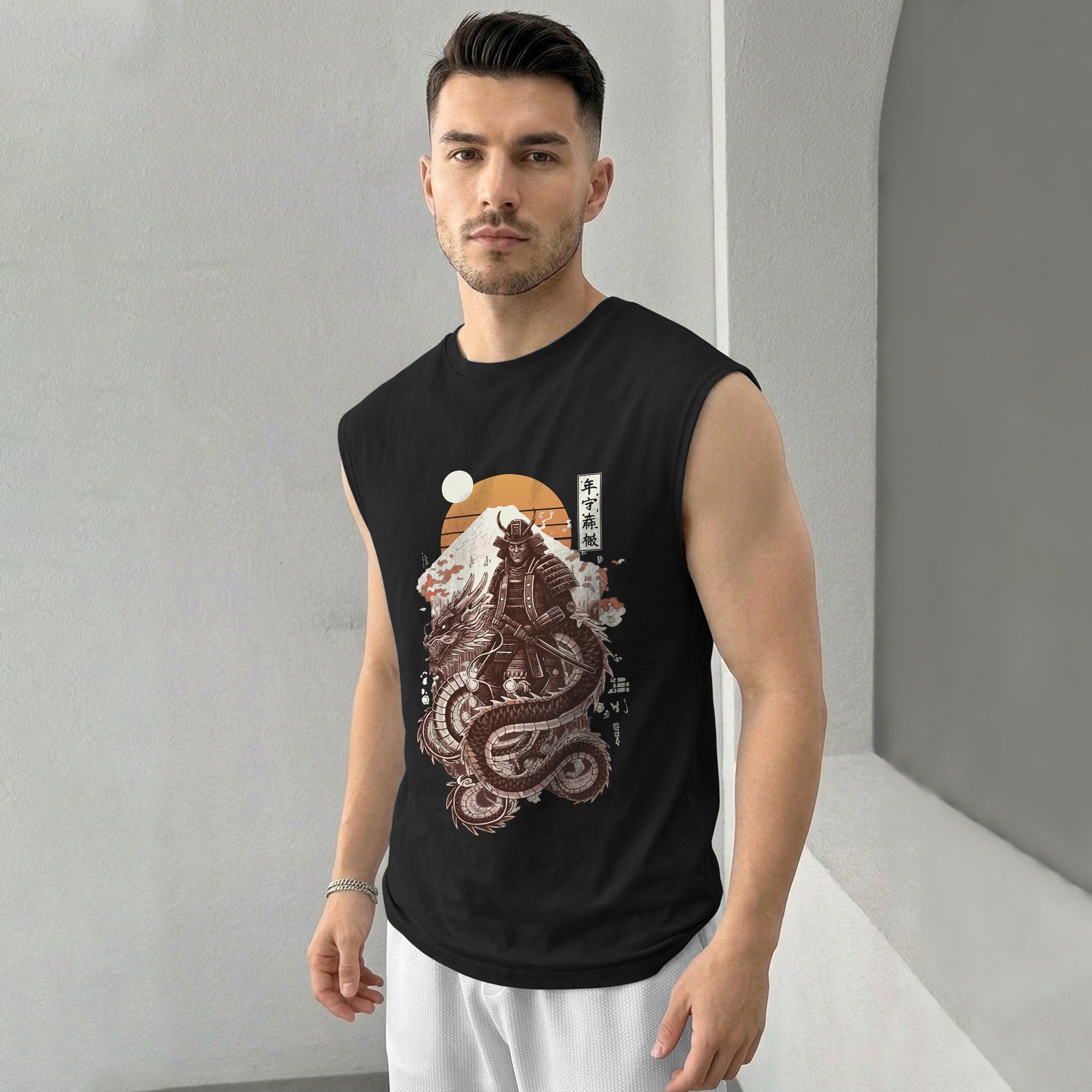 Men Samurai Printed Round Neck Vest Black