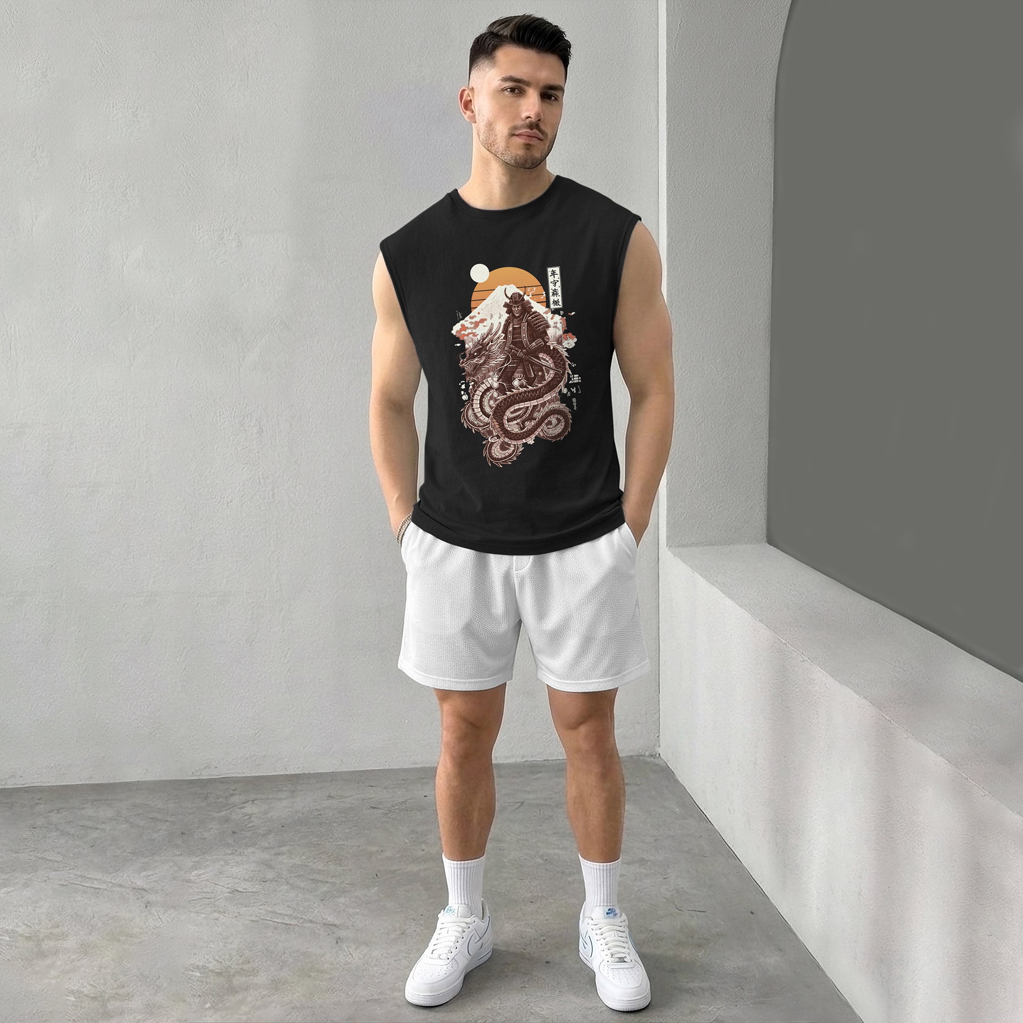 Men Samurai Printed Round Neck Vest Black