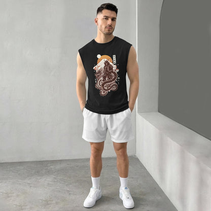 Men Samurai Printed Round Neck Vest Black