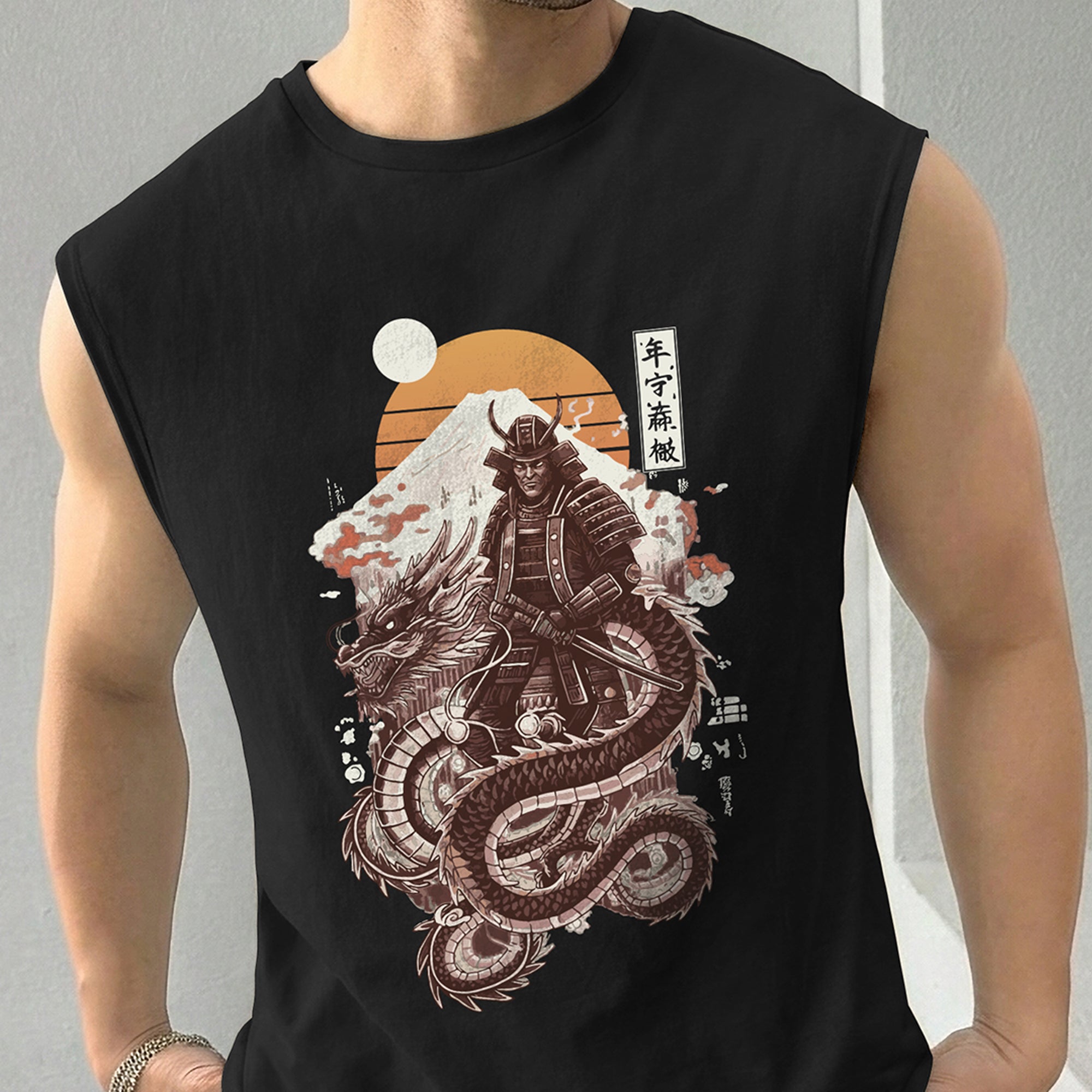 Men Samurai Printed Round Neck Vest Black