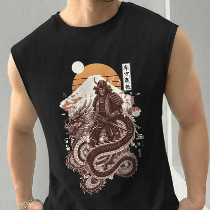 Men Samurai Printed Round Neck Vest Black