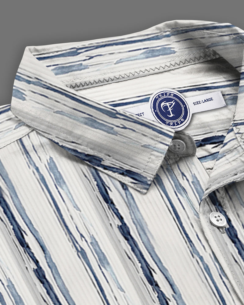 Premium Quality Men Full Hand Striped Casual Shirt / White-Blue