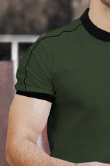 Men Solid Mandarin Collar Cotton Blend Olive Green T-Shirt