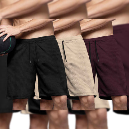 (Pack Of 3) Men Plain Black-Beige-Maroon Waffle Shorts