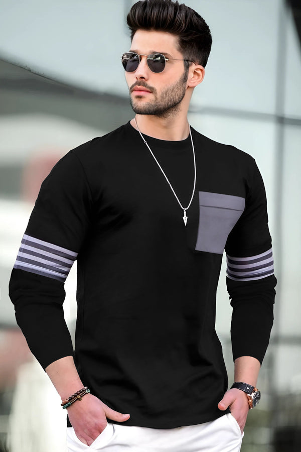 Men Printed Round Neck Cotton Blend Black T-Shirt