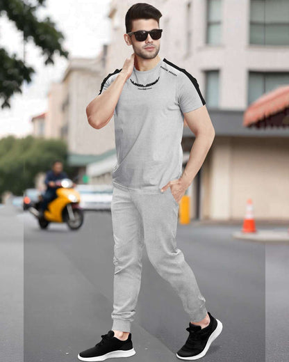 Track Suit Half Sleeve Colorblocked Grey T-shirt with Plain Grey Trackpant