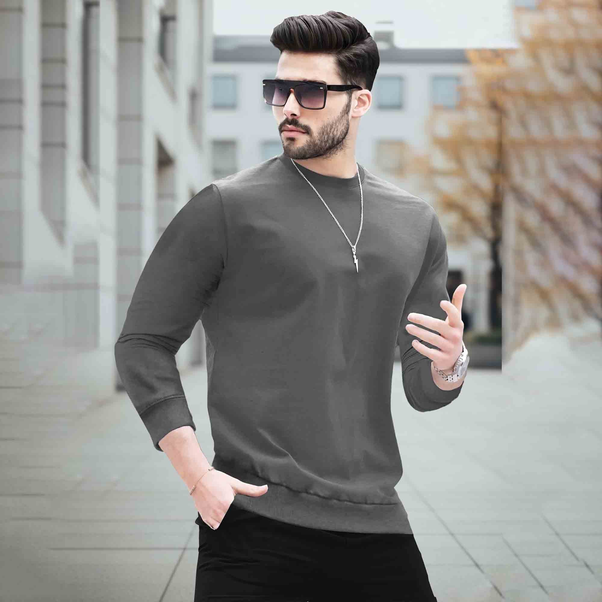 Mens Round Neck Full Sleeve Plain Dark Grey T-shirt