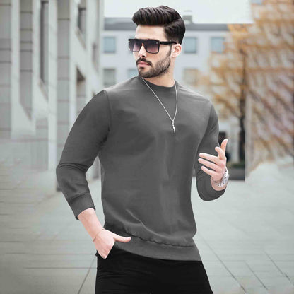 Mens Round Neck Full Sleeve Plain Dark Grey T-shirt