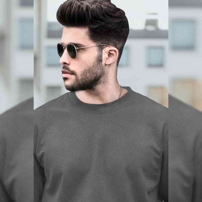 Mens Round Neck Full Sleeve Plain Dark Grey T-shirt