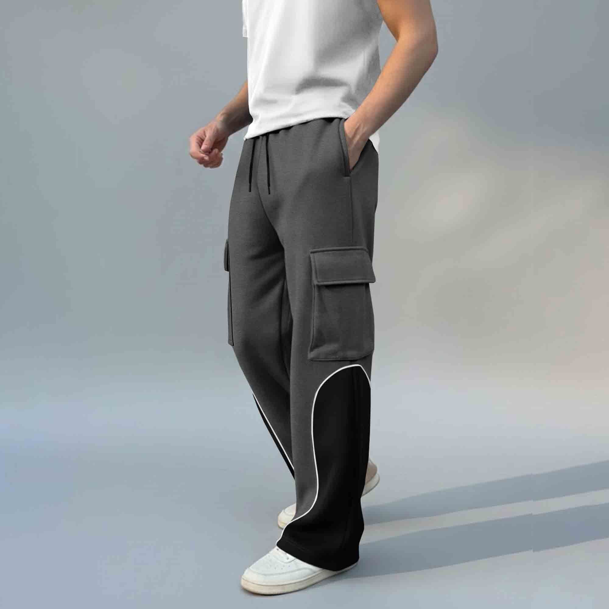 Men 4 Pockets Dual Color Baggy Cargo Pant Darkgrey & Grey