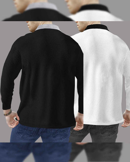 Combo of 2 Men’s Waffle Textured Black & White Polo T-Shirts with Quarter Zip Neck – Contrast Collar Full Sleeve