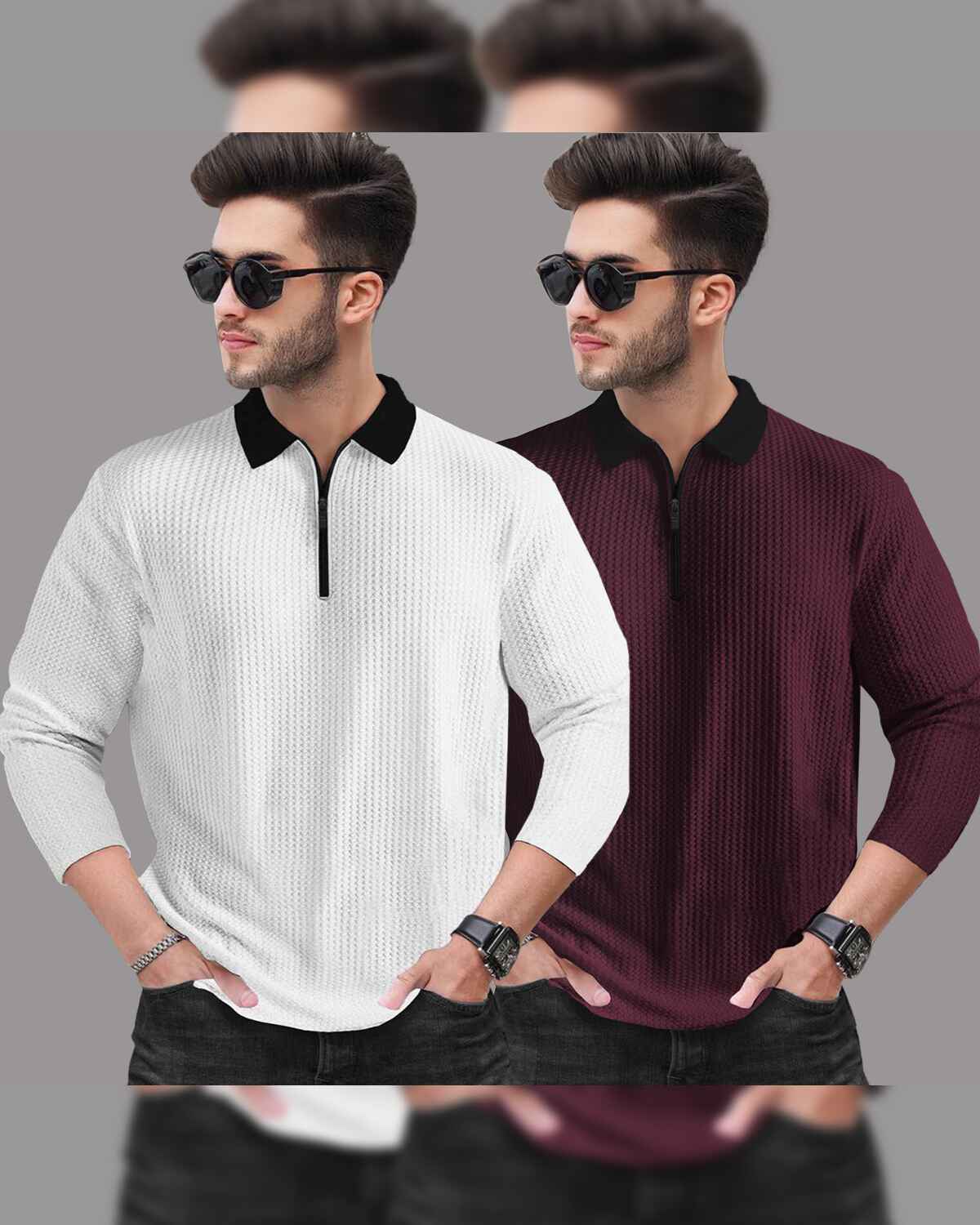 Combo of 2 Men’s Waffle Textured Olive White & Maroon Polo T-Shirts with Quarter Zip Neck – Contrast Collar Full Sleeve