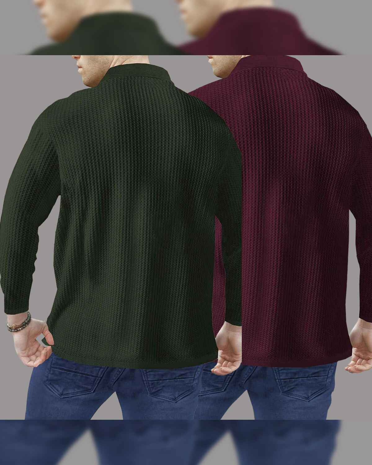 Combo of 2 Men’s Waffle Textured Olivegreen & Maroon Polo T-Shirts with Quarter Zip Neck – Full Sleeve