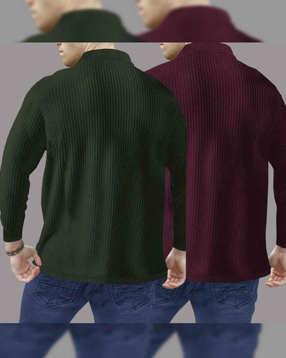Combo of 2 Men’s Waffle Textured Olivegreen & Maroon Polo T-Shirts with Quarter Zip Neck – Full Sleeve