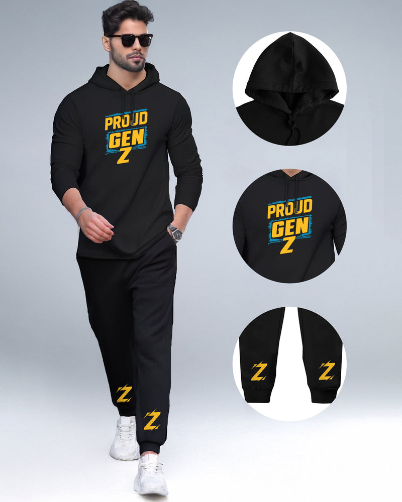 Tracksuit For Mens Black Gen Z Full Sleeve Hooded T-shirt - Black Trackpant