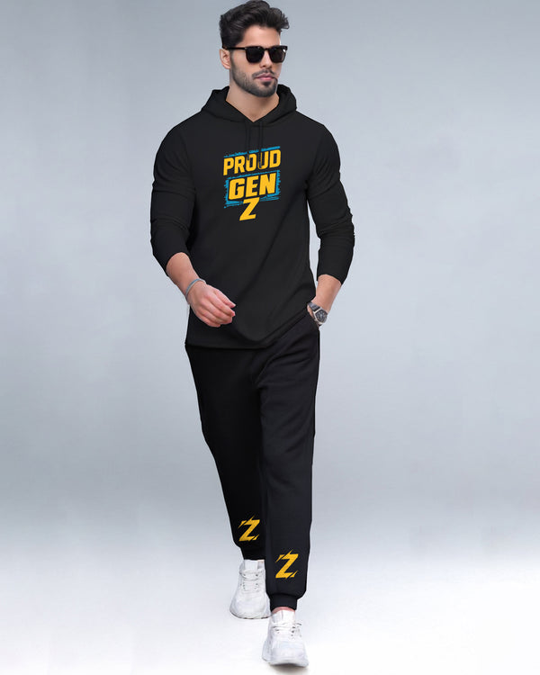 Tracksuit For Mens Black Gen Z Full Sleeve Hooded T-shirt - Black Trackpant