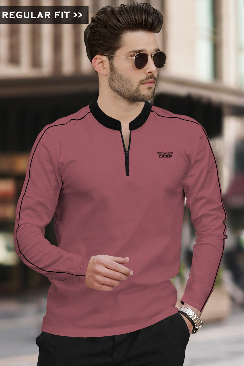 Men Wine Color Mandarin collar Full Sleeve T-Shirt