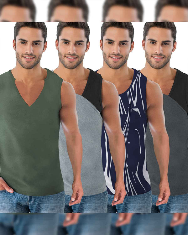 (Pack Of 4) Men Printed & Colorblocked Multicolor Vest