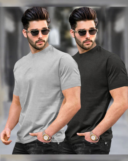 Mens Half Sleeve Plain Round Neck Grey & Charcoalblack T-shirts (Pack Of 2)