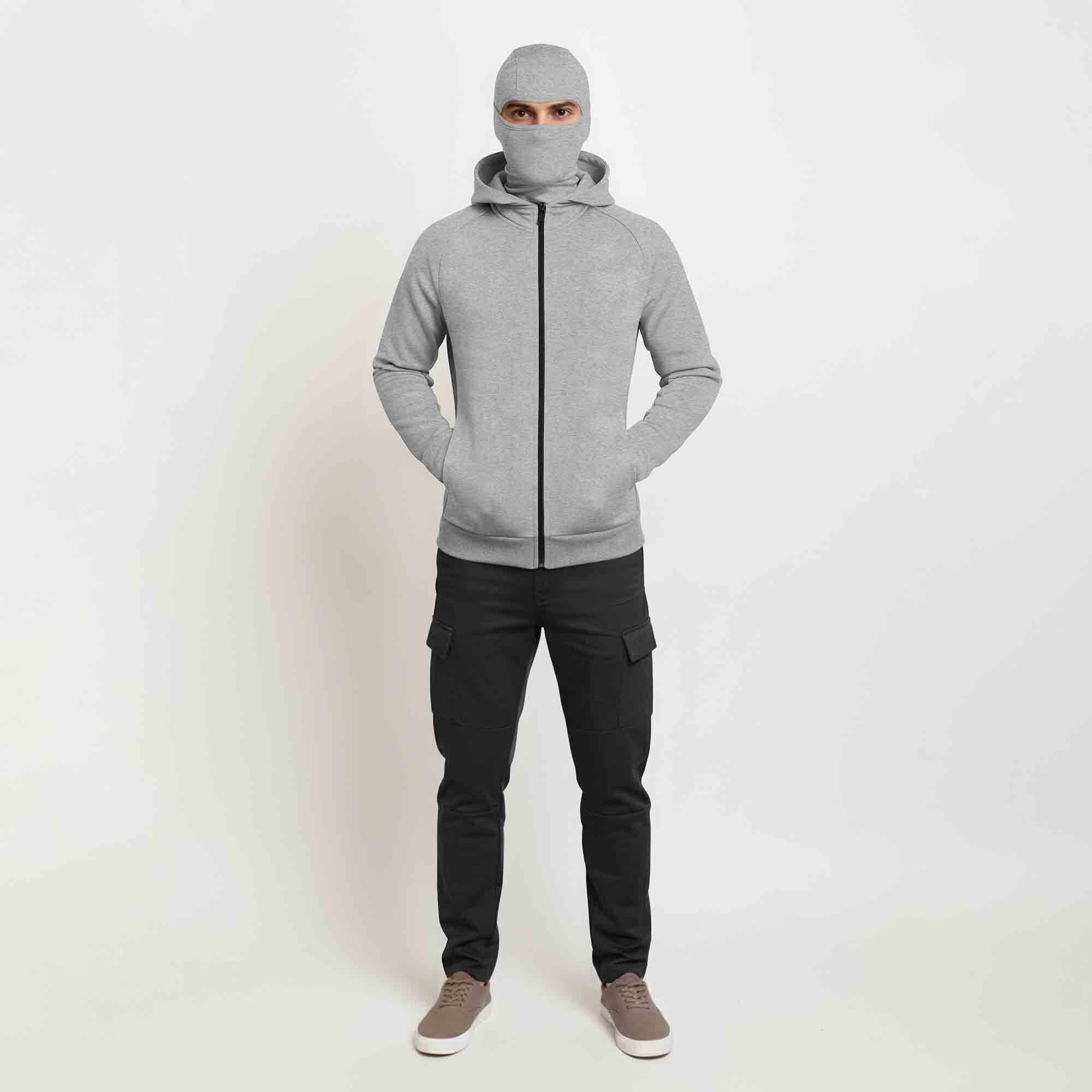 Mens Winter Full Mask Warm Zip-Up Hooded Jacket Grey