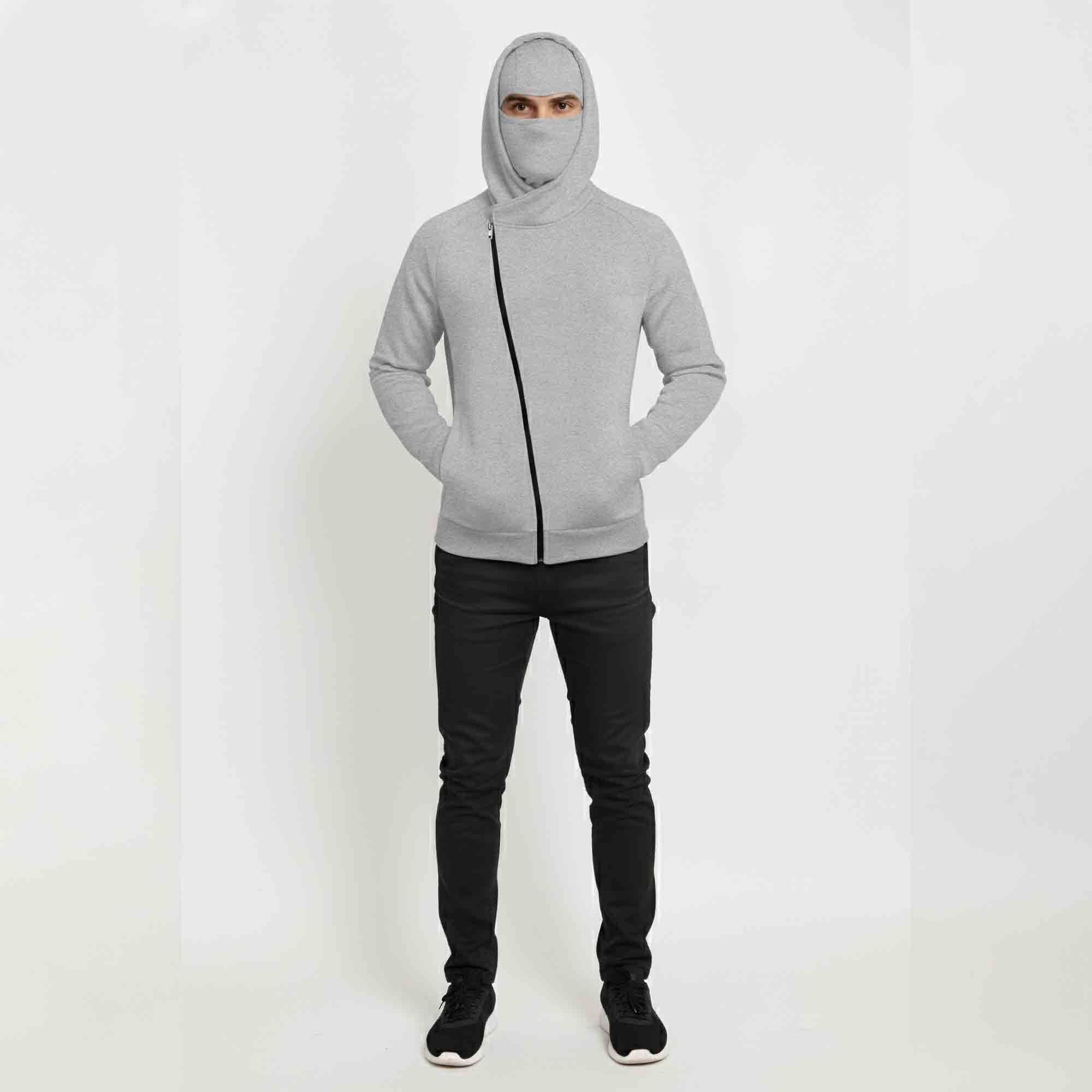 Mens Winter Full Mask Warm Cross Zip-Up Hooded Jacket Grey