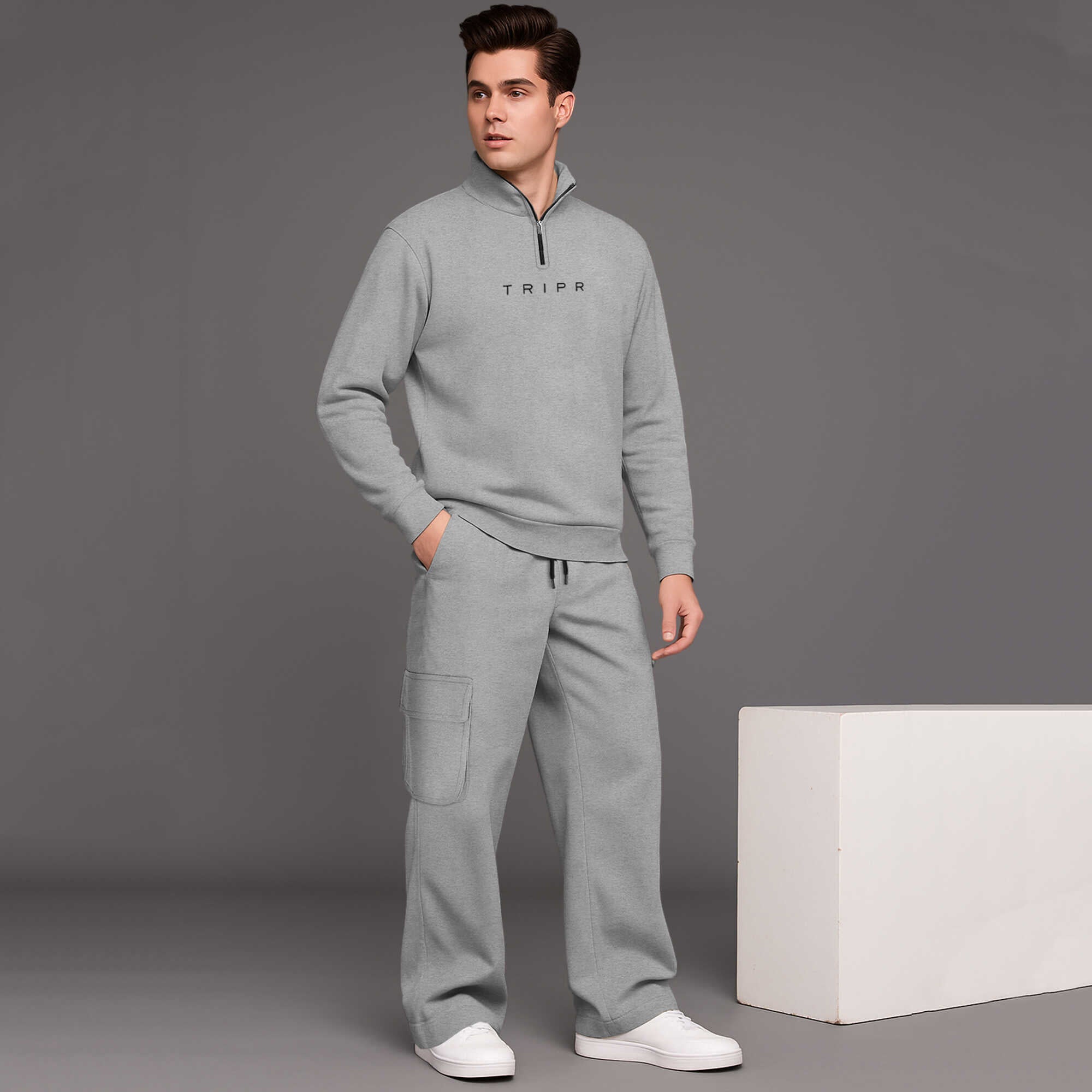 Men High Neck Plain Grey Sweatshirt Grey baggy Cargo Tracksuit