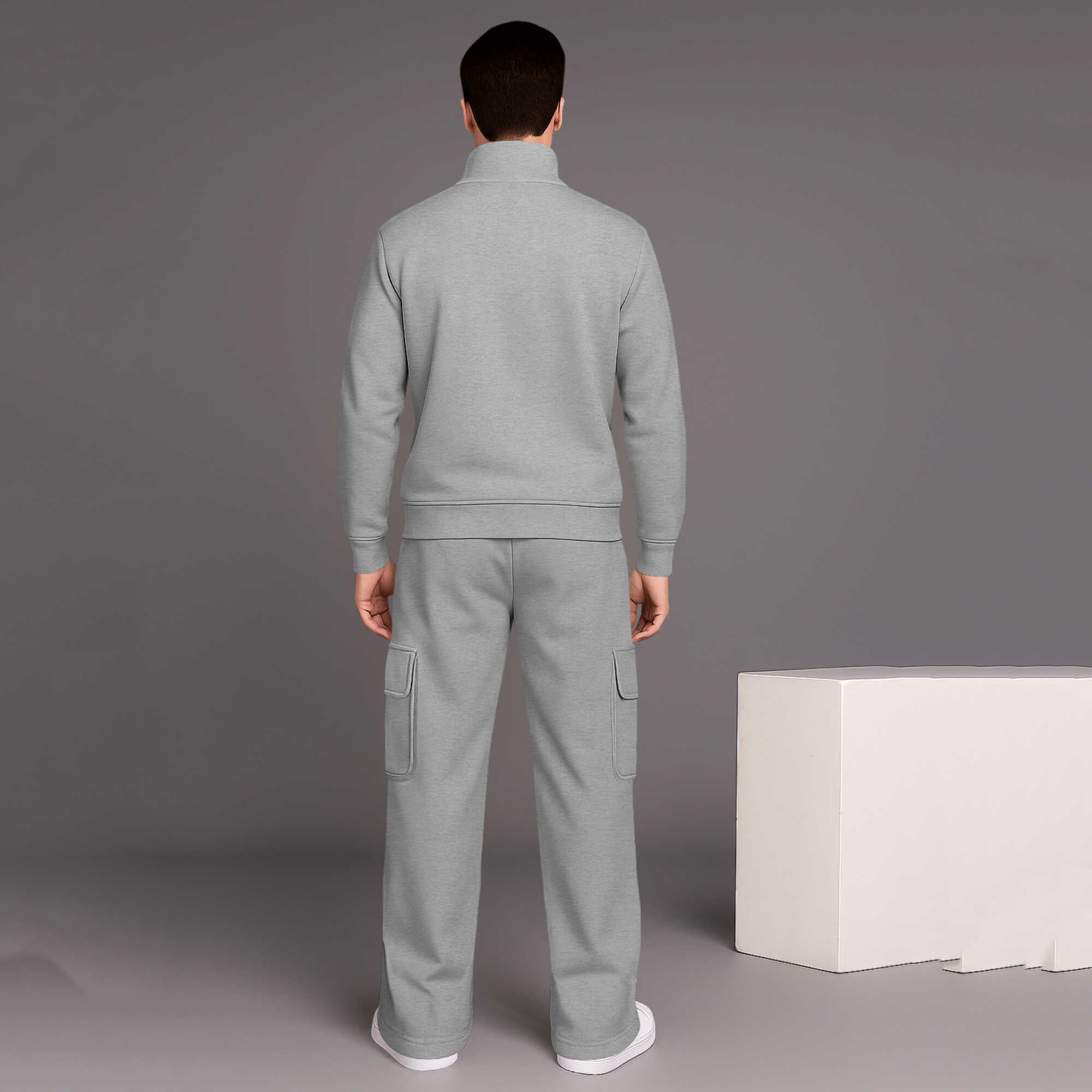 Men High Neck Plain Grey Sweatshirt Grey baggy Cargo Tracksuit