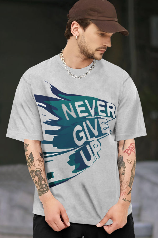 Men Grey Never Give Up Quote Printed T-Shirt