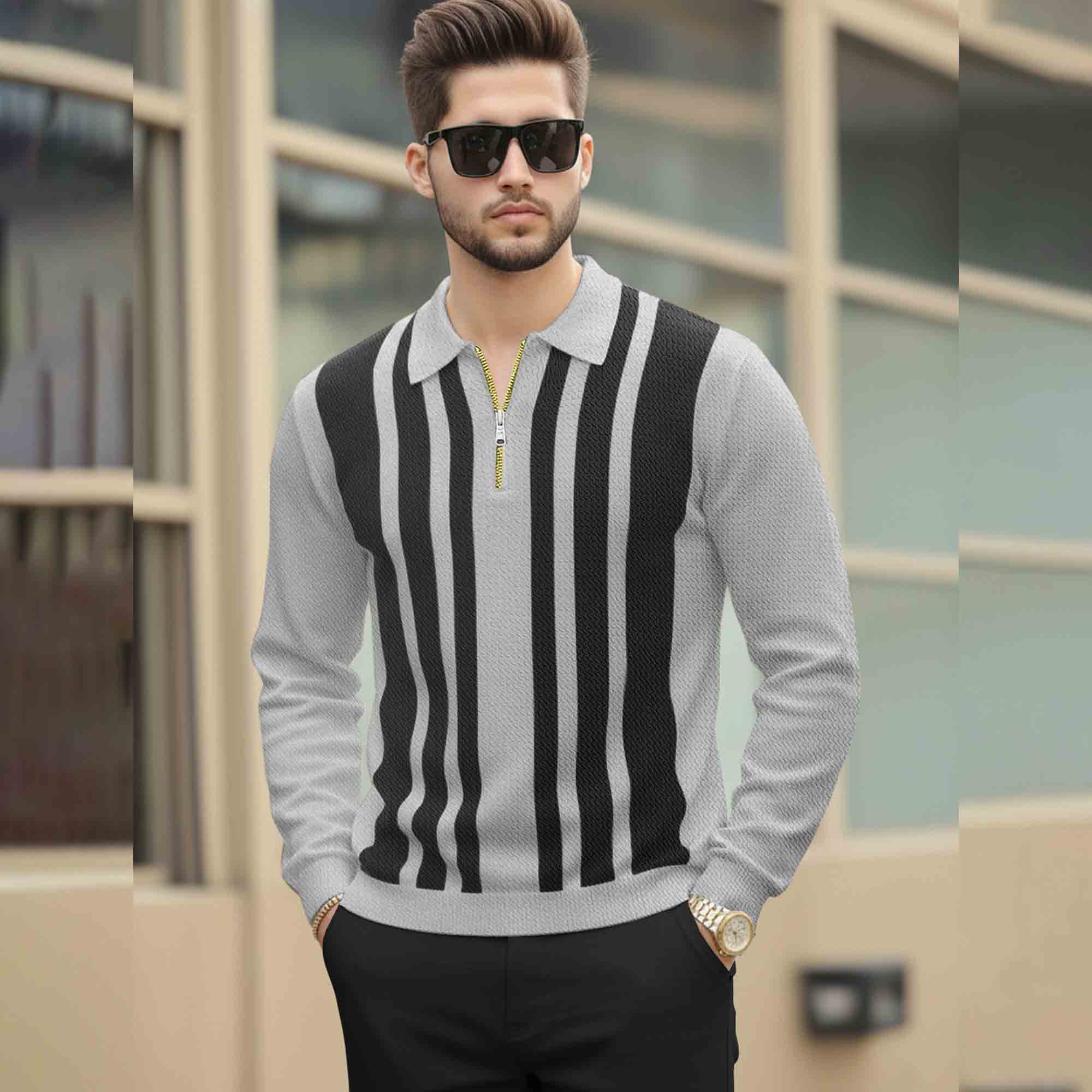 Men Quarter Zip Polo Neck Vertical Striped Full Sleeve T-shirt Grey