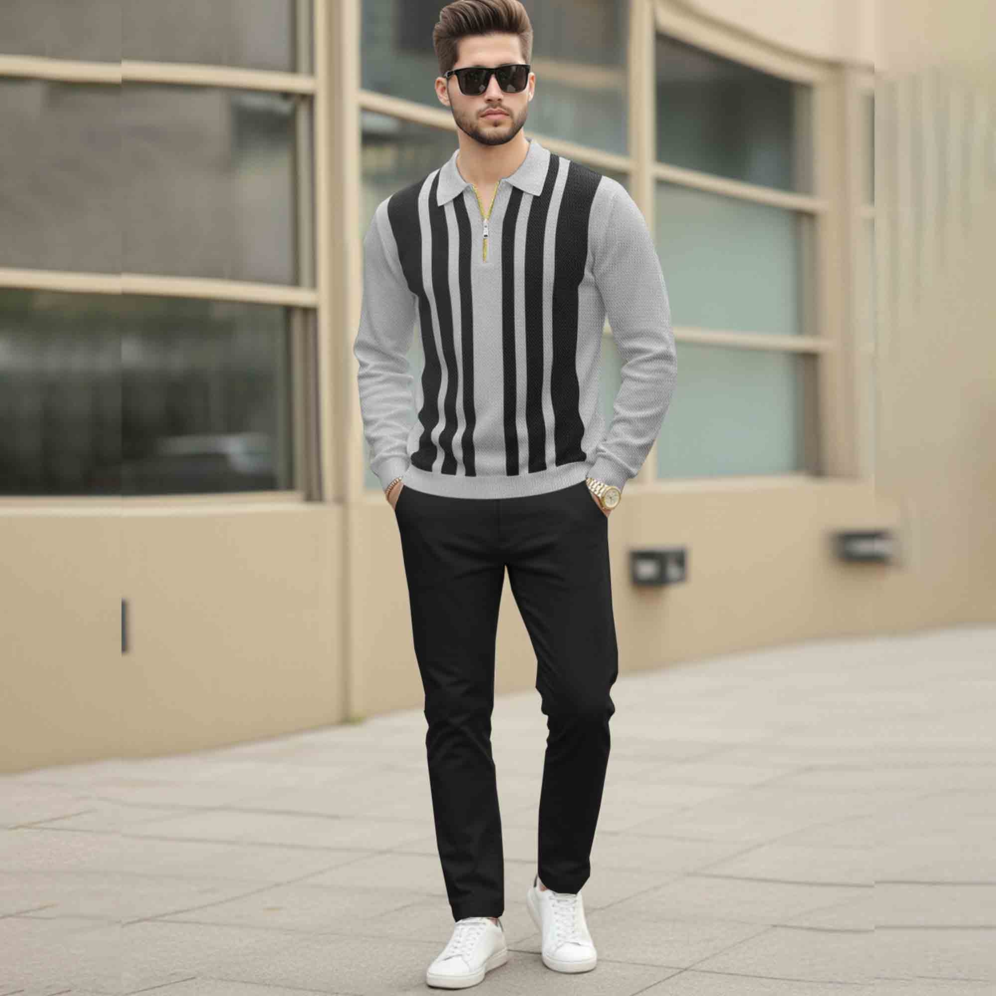 Men Quarter Zip Polo Neck Vertical Striped Full Sleeve T-shirt Grey