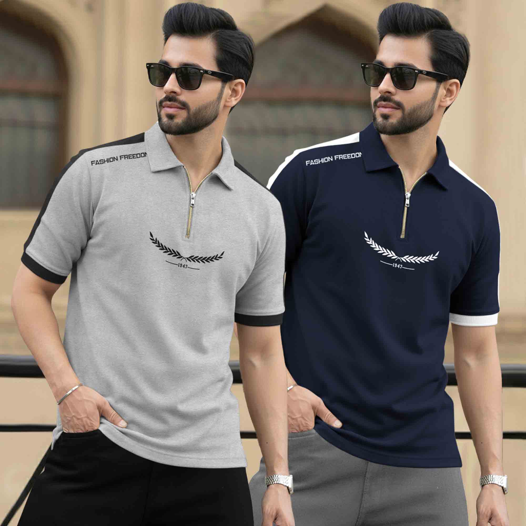 (Pack Of 2) Quarter Zip Polo Neck Printed Tshirts - 12 Variants