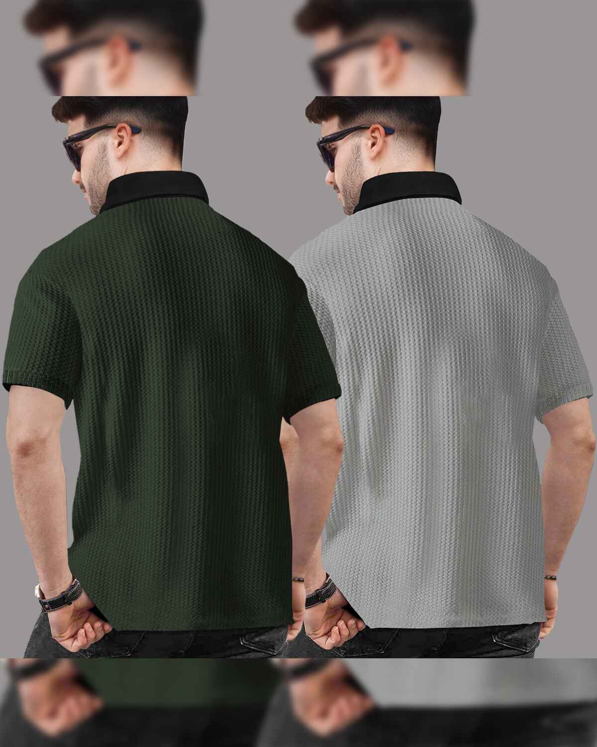 (Pack Of 2) Polo Collar Contrast Waffle Textured T-shirts  Olive-Grey