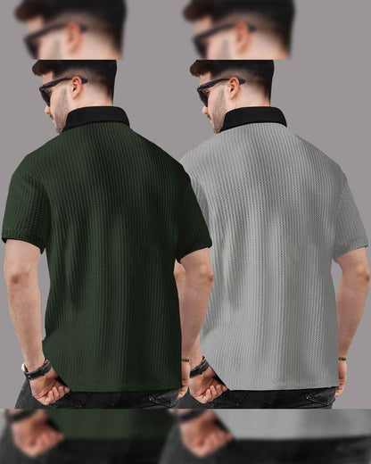(Pack Of 2) Polo Collar Contrast Waffle Textured T-shirts  Olive-Grey