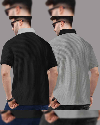 (Pack Of 2) Polo Collar Contrast Waffle  Black & Grey Textured T-shirts