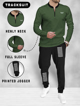 (Olivegreen & Black Tracksuit) Full Sleeve Henley Neck T-shirt with Jogger Pant